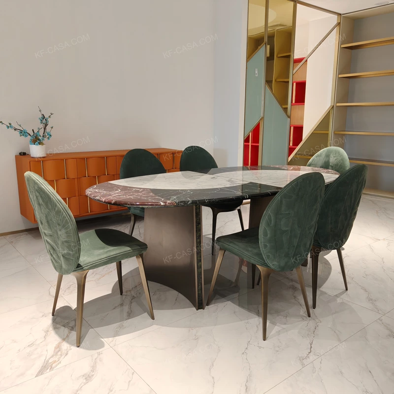 Patchwork Marble Dining Table with Flared Panel Legs and Textured Edge